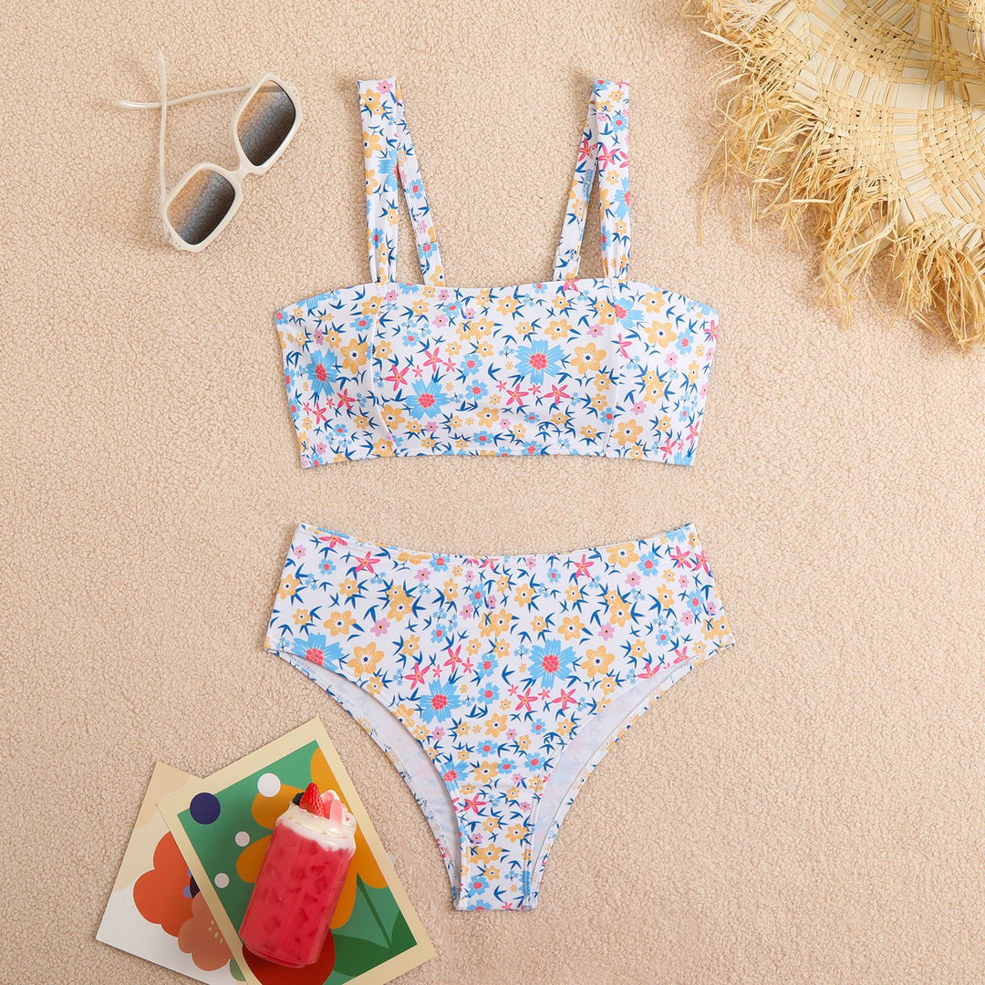 Damen Zweiteiliges Crop-Top Bikini-Set mit floralem Design und breiten Trägern EB