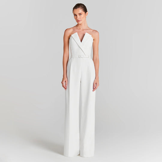 Damen eleganter Jumpsuit mit transparenten Ärmeln und Perlenverzierung EB