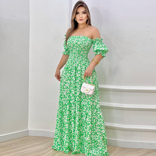 Damen Off-Shoulder Maxikleid mit voluminösen Puffärmeln und nostalgischer Raffung EB