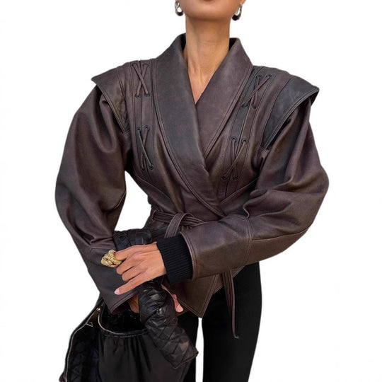 Damen Designer blazer mit Gürtel und dekorativen Schnüroptiken EB
