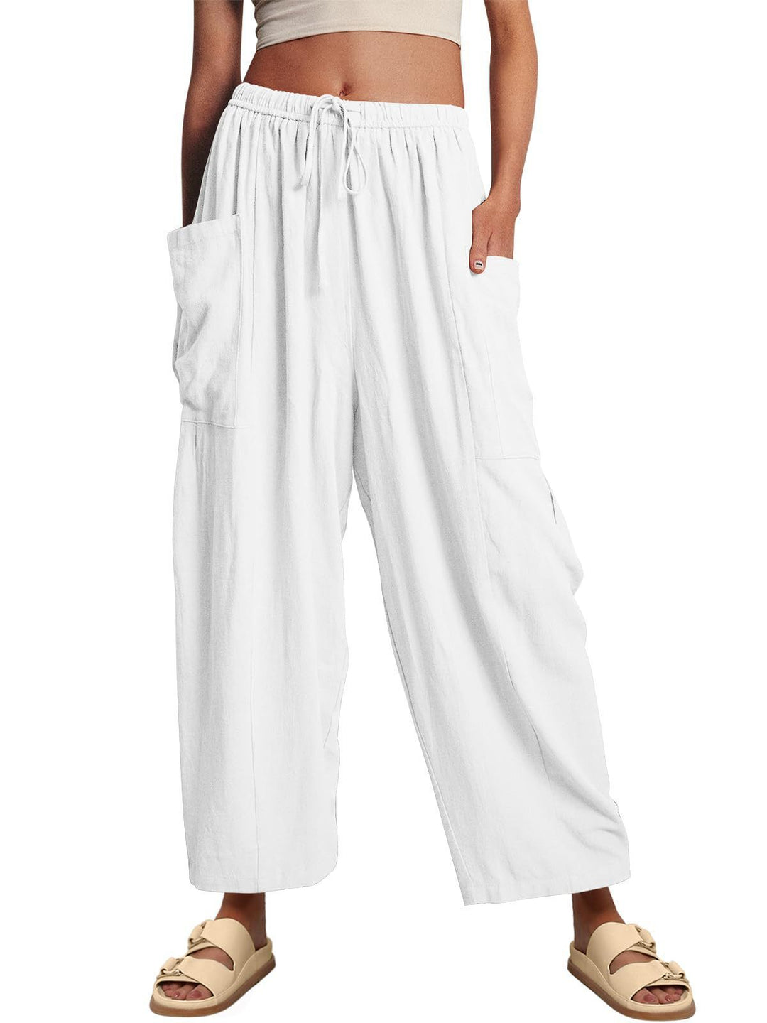 Damen nan weite Palazzohose aus leichtem Leinenmix mit Tunnelzug und seitlicher Tasche EB