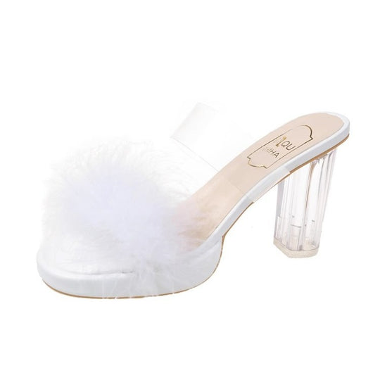 Damen Glamouröse Sommer Mules mit transparentem Riemen und plüschiger Verzierung EB