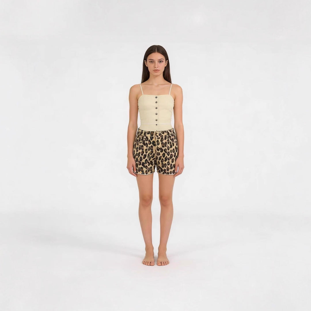Damen lässige Leo-Shorts mit fransigem Saum und hohen Taschen EB
