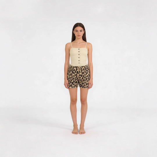 Damen lässige Leo-Shorts mit fransigem Saum und hohen Taschen EB