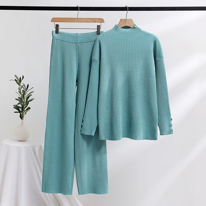 Damen lässiger Strickanzug mit Stehkragen und Knopfdetails EB