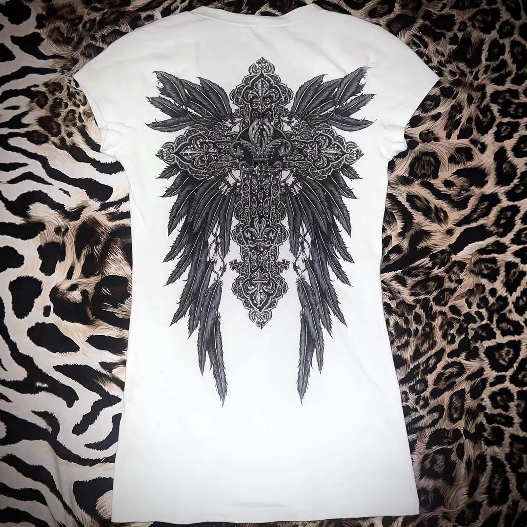 Damen V-Ausschnitt T-Shirt mit kunstvollem Kreuzdesign EB