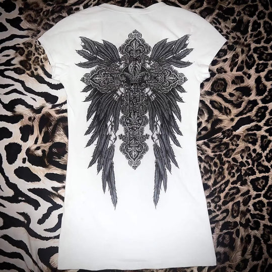 Damen V-Ausschnitt T-Shirt mit kunstvollem Kreuzdesign EB
