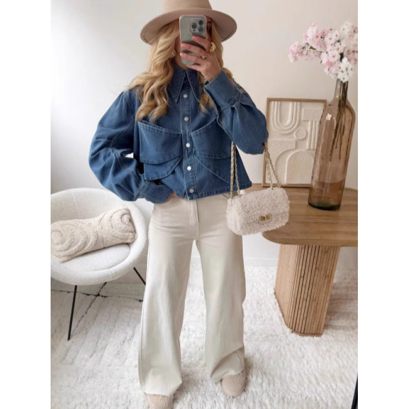 Damen stylische cropped Denimjacke mit praktischen Taschen EB