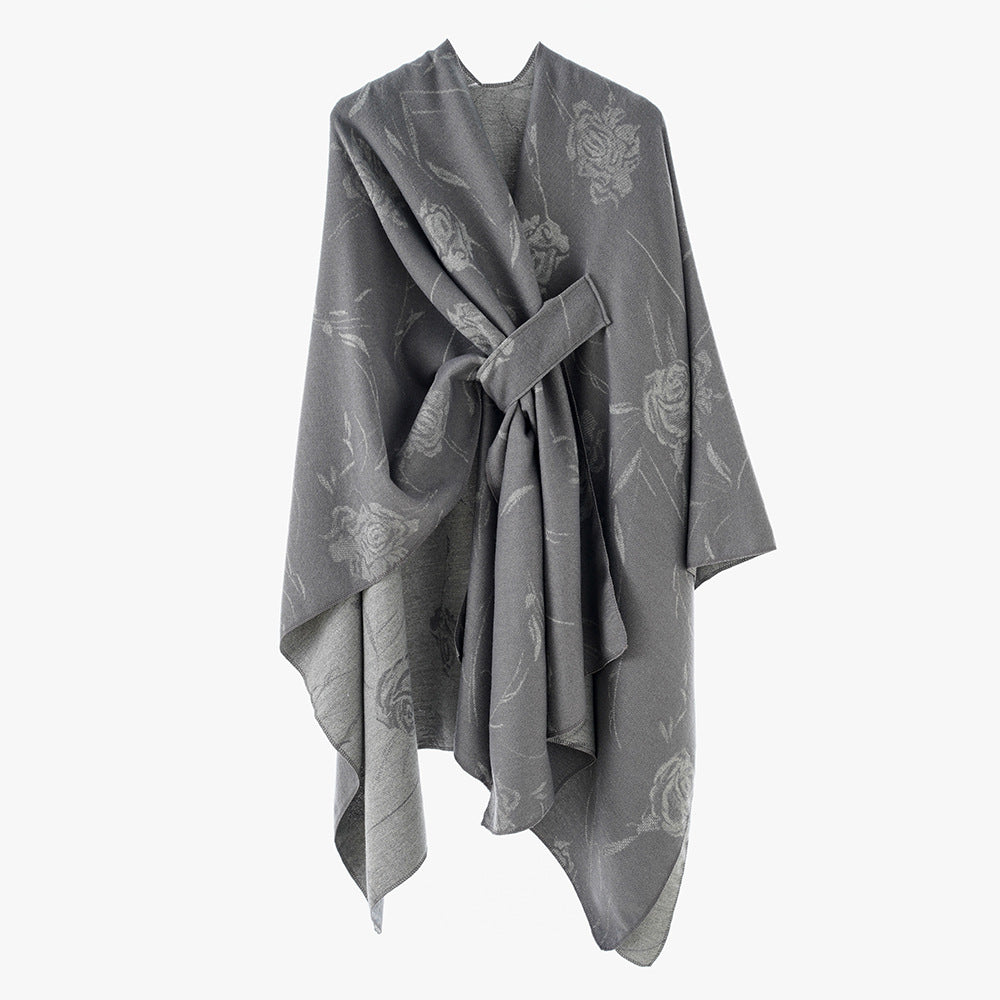 Damen Beidseitig tragbarer Jacquard-Überwurf mit Rosenmuster und Bindegürtel EB