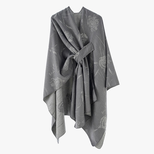 Damen Beidseitig tragbarer Jacquard-Überwurf mit Rosenmuster und Bindegürtel EB