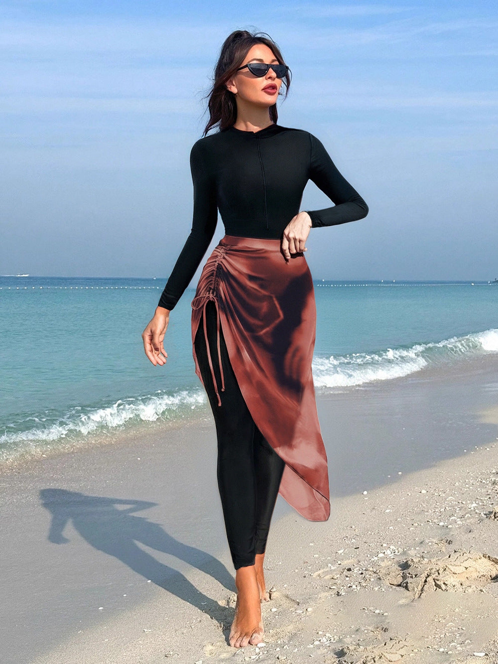 Damen Kombinierter Langarm-Schwimmanzug mit asymmetrischem Rock EB
