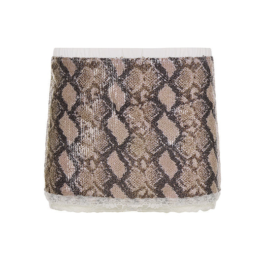 Damen Glitzernder Minirock mit Schlangenmuster und Spitzenrand EB