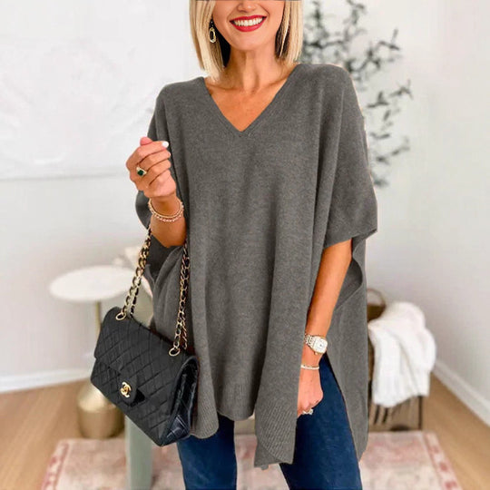 Damen lässiger Strickponcho mit V-Ausschnitt und übergroßem Schnitt EB