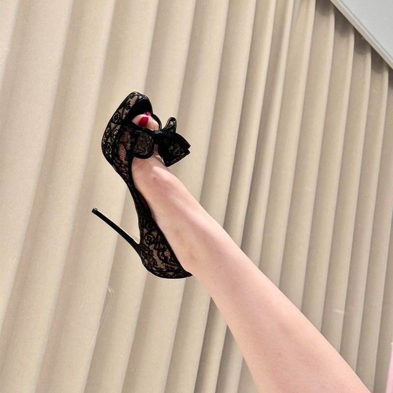 Damen Slingback High Heel Pumps mit Spitzenverzierung und dekorativem Schleifenelement EB