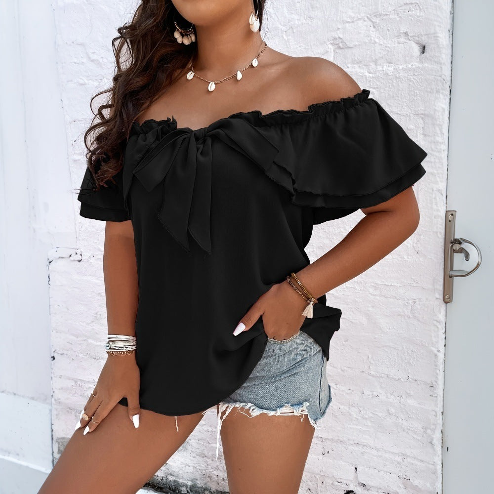 Damen Off-Shoulder Oberteil mit Schleifen-Details und Rüschensäumen EB