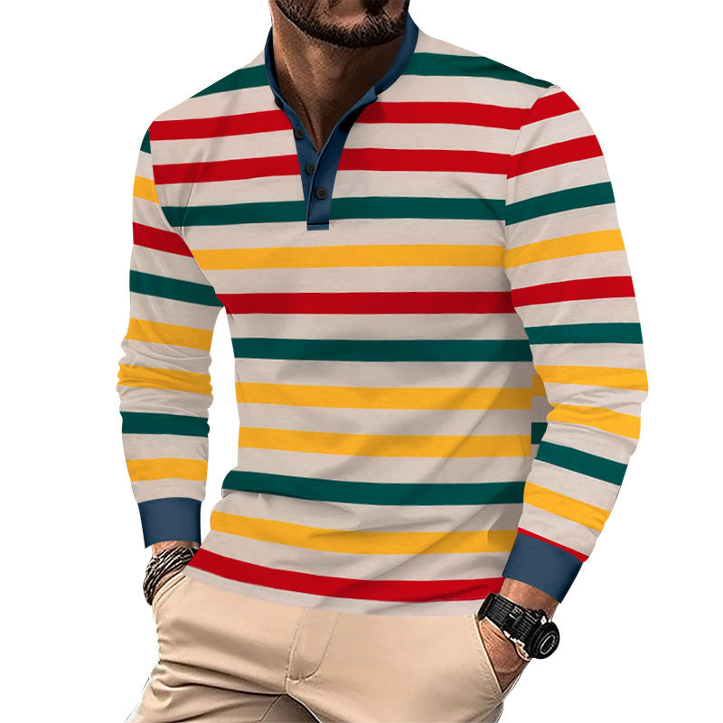 Herren nan gestreiftes Langarm-Henleyshirt mit Stehkragen, schmaler Passform und elastischem Baumwollmix EB
