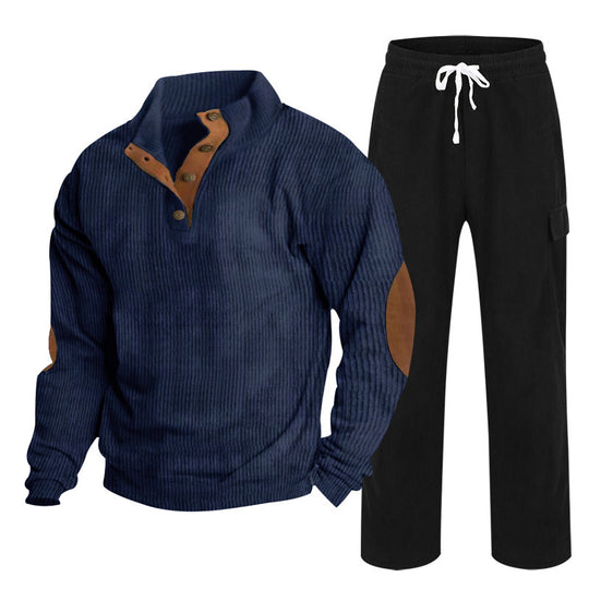 Herren nan Strick-Freizeitset mit Knopfleiste und Ellenbogenaufnähern sowie Cord-Cargohose EB