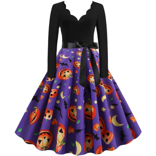 Damen Vintage Swingkleid mit Halloween-Kürbisprint und tailliertem Satinschärpenbund EB
