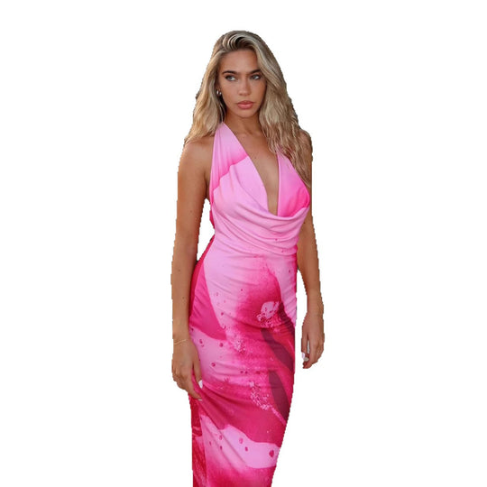 Damen Elegantes Maxikleid mit tiefem V-Ausschnitt und floralem Druckdesign EB