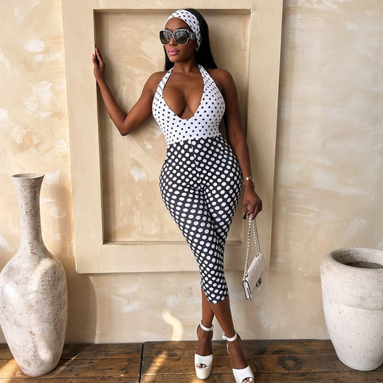 Damen Polka-Dot Jumpsuit mit tiefem V-Ausschnitt und elastischem Material EB