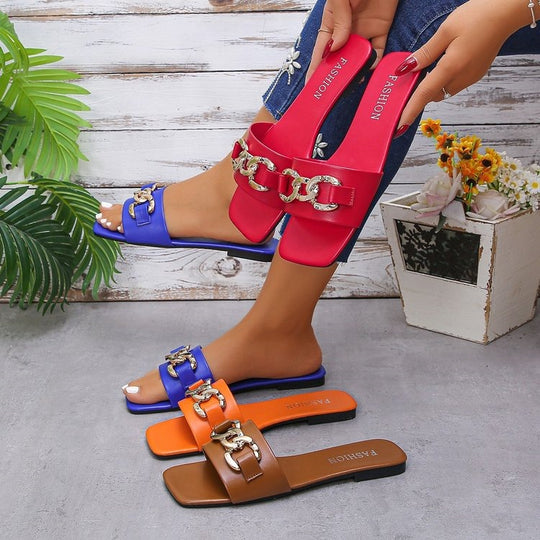 Damen Modische Riemenslipper mit dekorativem Ketten-Detail EB
