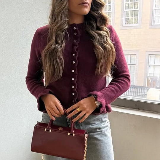 Damen nan kurz geschnittener Strickcardigan mit Volantknopfleiste und gerafften Bündchen EB