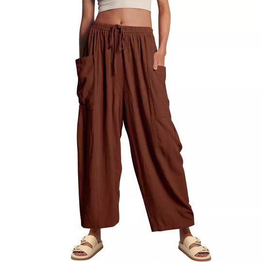 Damen nan weite Palazzohose aus leichtem Leinenmix mit Tunnelzug und seitlicher Tasche EB