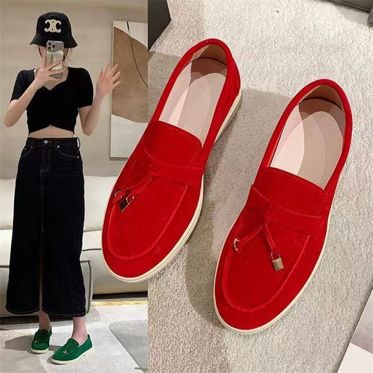 Damen Veloursleder Slipper mit dekorativer Quaste und profilierter Gummisohle EB