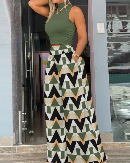 Damen angesagtes Outfit mit ärmellosem Oberteil und weitem Rock EB