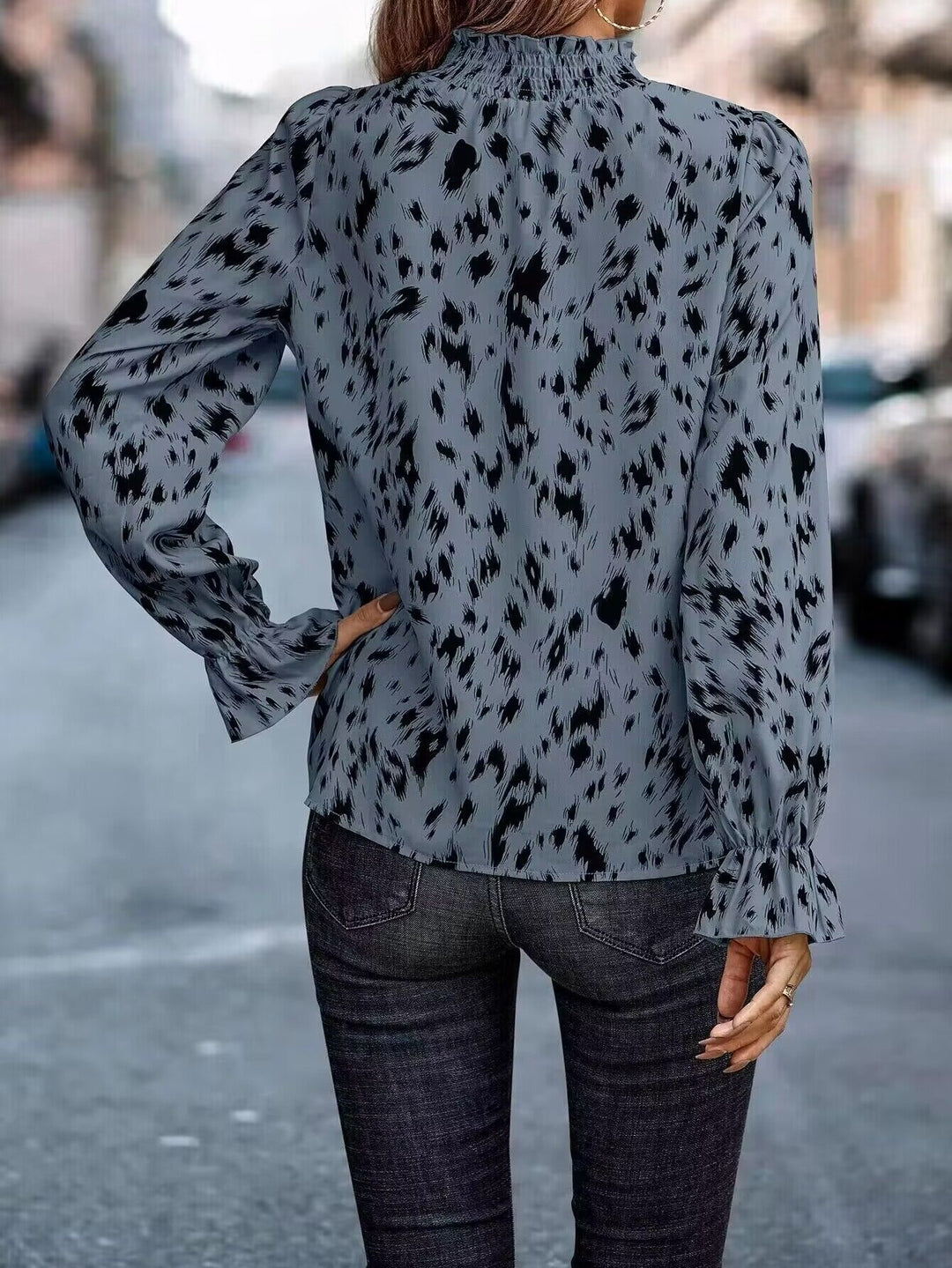 Damen Stilvolle Langarmbedruckte Bluse EB