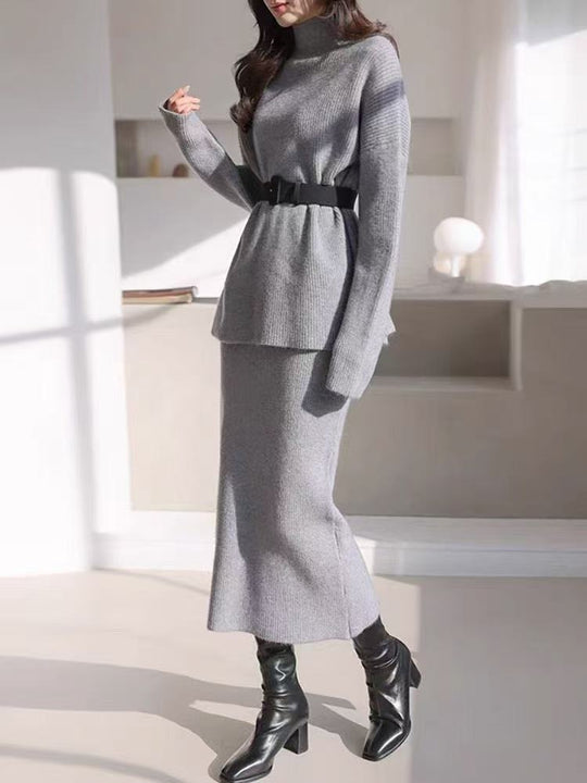 Damen Elegantes Strickoutfit mit Taillengürtel EB