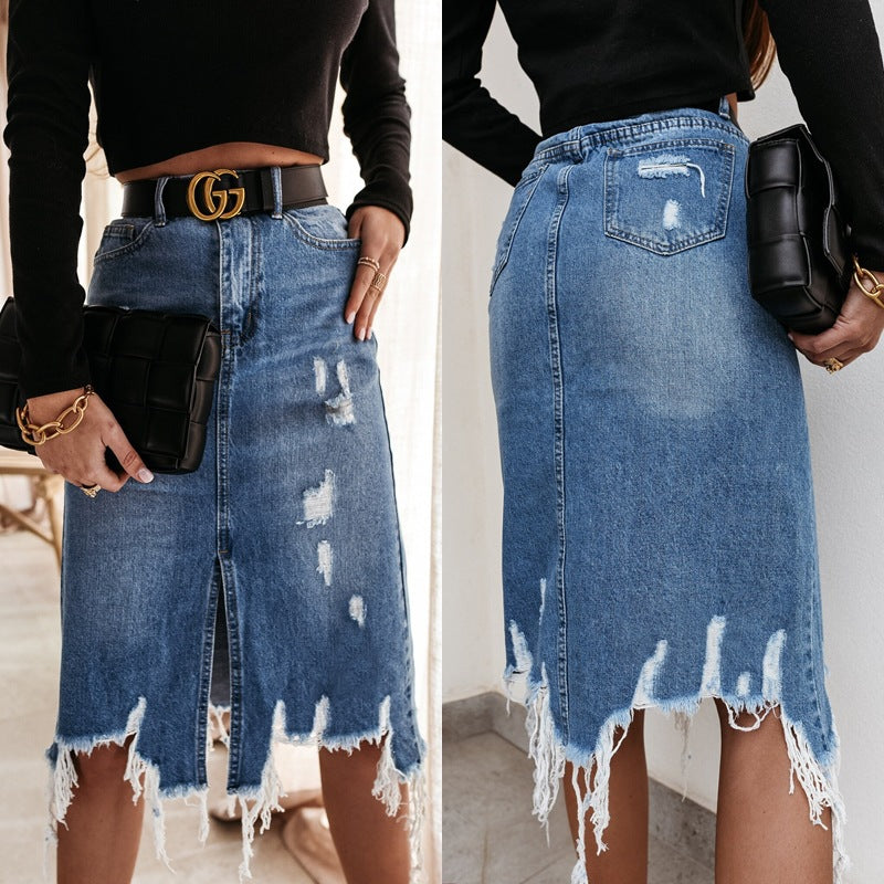 Damen Midirock mit asymmetrischem Saum und Destroyed-Effekten EB