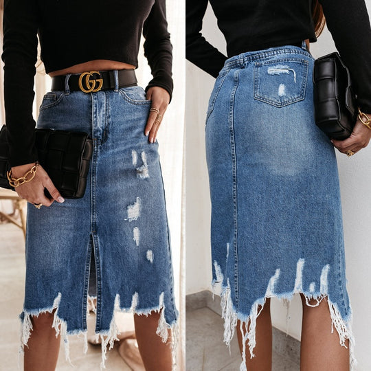 Damen Midirock mit asymmetrischem Saum und Destroyed-Effekten EB