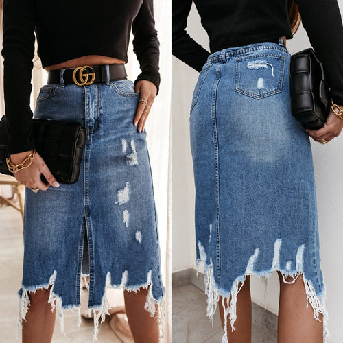 Damen Midirock mit asymmetrischem Saum und Destroyed-Effekten EB
