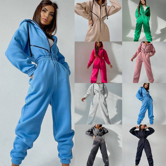 Damen taillierter Kapuzen-Jumpsuit mit elastischem Bund und markanten Kontrast-Reißverschlüssen EB