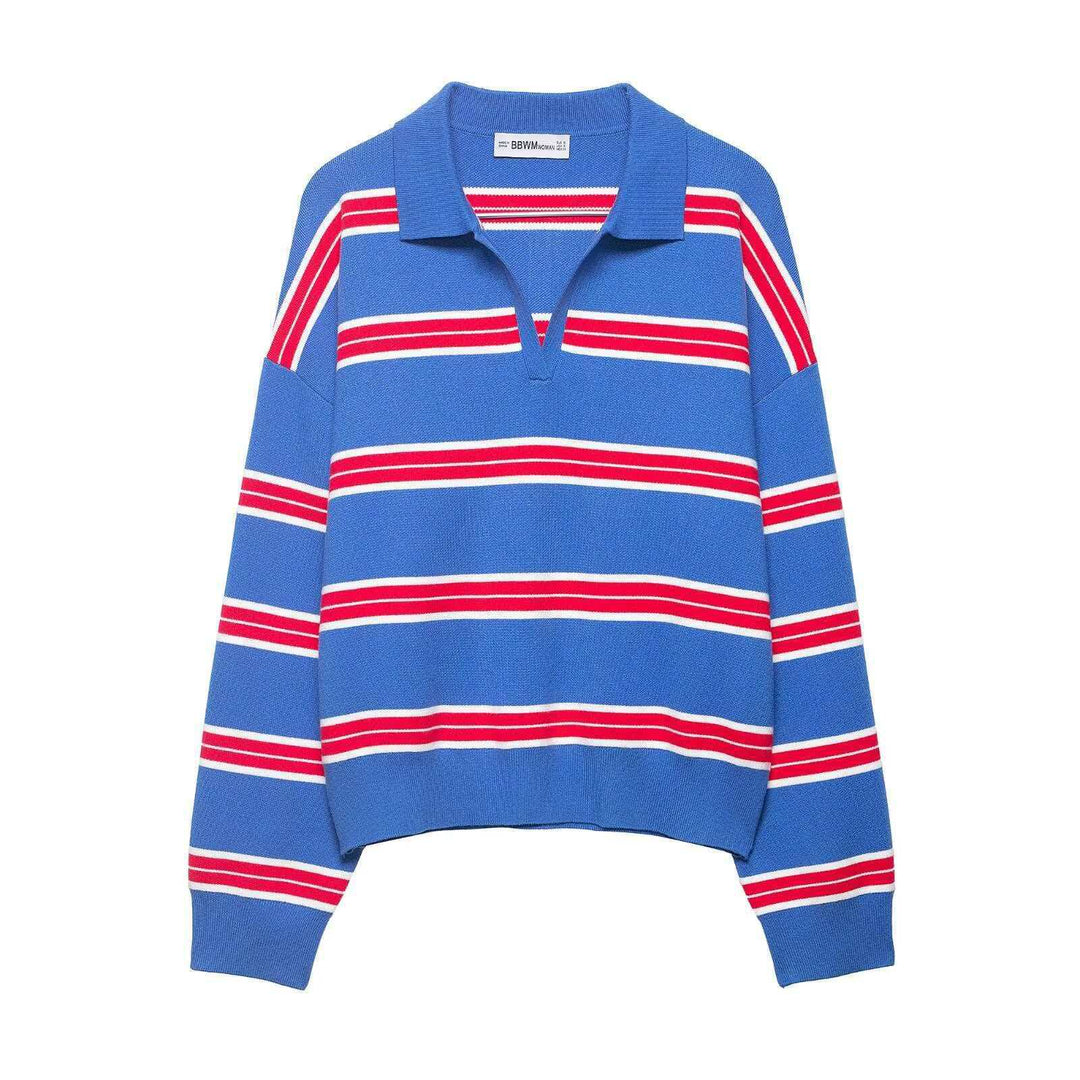 Damen nan gestreifter Rugby-Strickpullover mit Polokragen und weiter Oversize-Passform EB