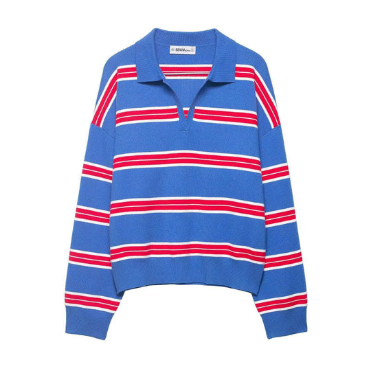 Damen nan gestreifter Rugby-Strickpullover mit Polokragen und weiter Oversize-Passform EB