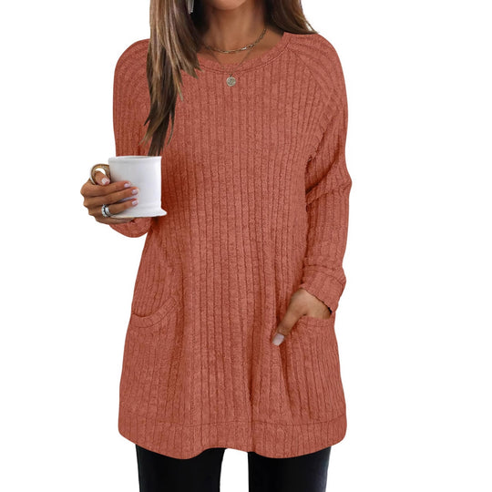 Damen lässiger Strickpullover mit seitlichen Eingrifftaschen und Rippenstruktur EB