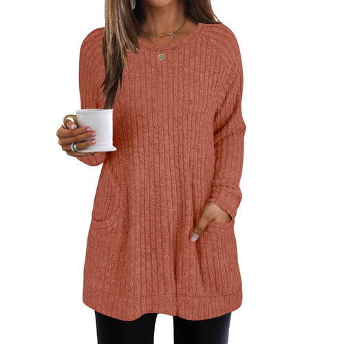 Damen lässiger Strickpullover mit seitlichen Eingrifftaschen und Rippenstruktur EB