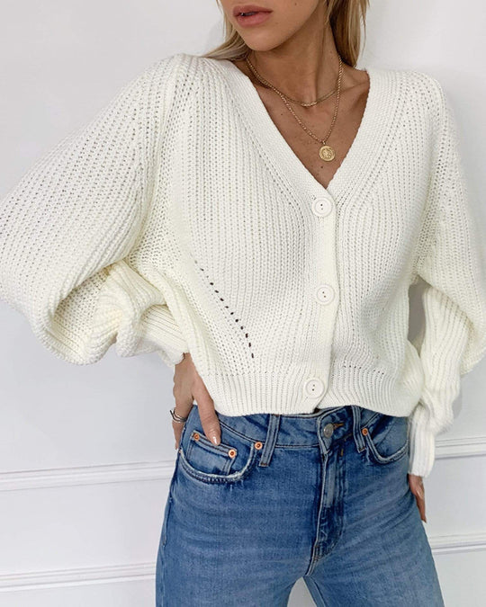 Damen Kurzstrickjacke mit tiefem V-Ausschnitt und Knopfdetails EB