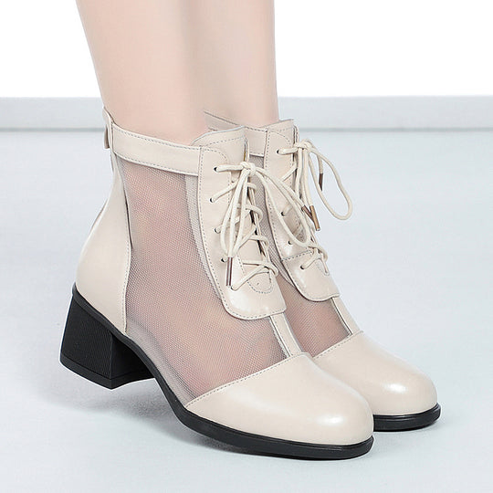 Damen Elegante Schnürstiefeletten mit atmungsaktiver Netzstruktur und komfortablem Blockabsatz EB