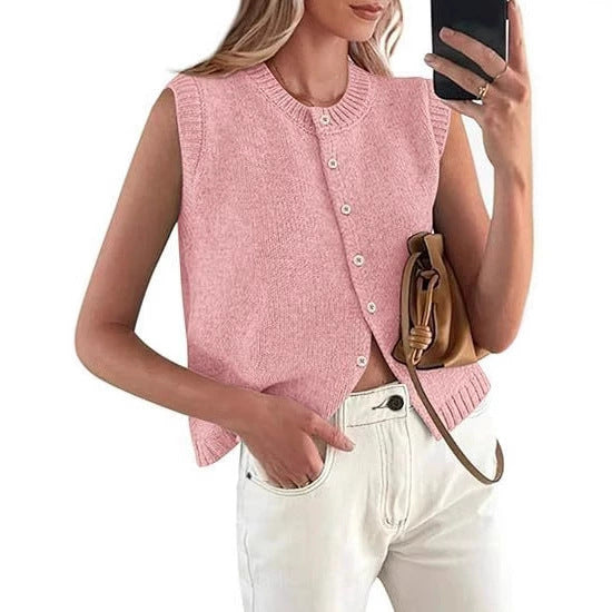 Damen lässige Strickweste mit Knopfleiste und Rundhalsausschnitt EB