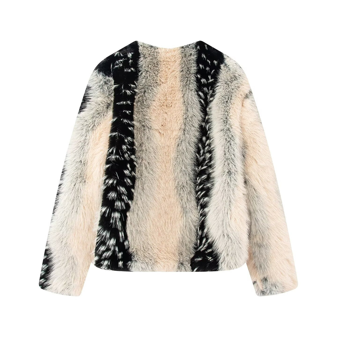 Damen nan kurze Kunstpelzjacke mit kontrastierenden Längsbesätzen und Rundhalsausschnitt EB