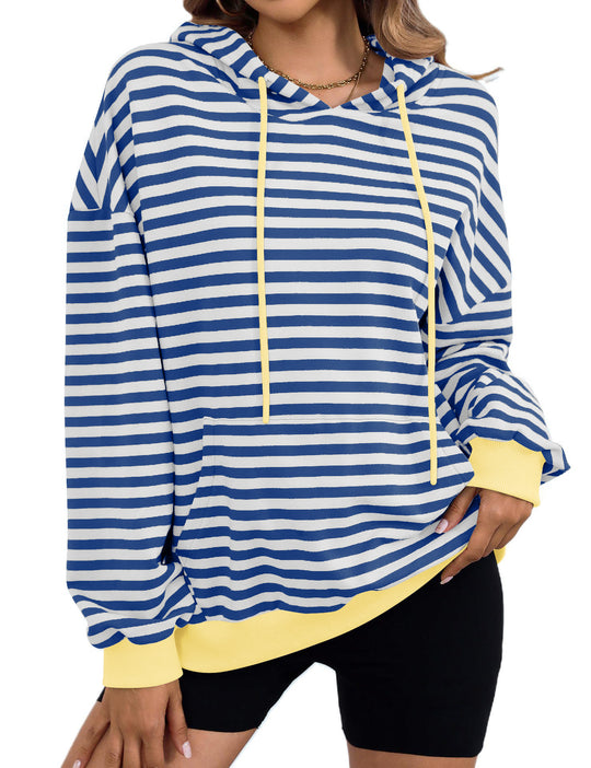 Damen gestreifter Kapuzenpullover mit stylischer Kängurutasche EB