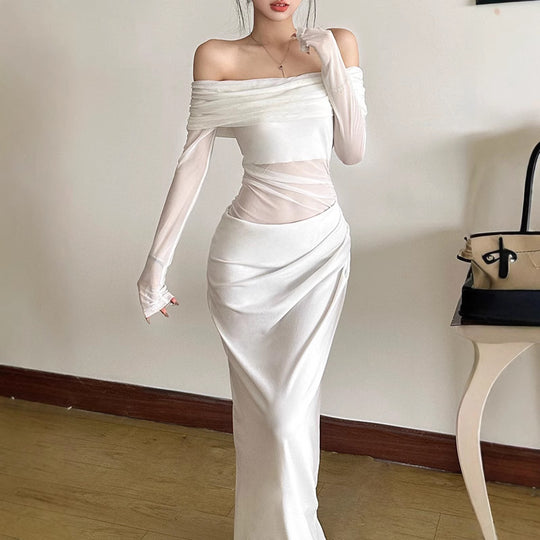 Damen Off-Shoulder Maxikleid mit figurbetonendem Design und Raffung EB