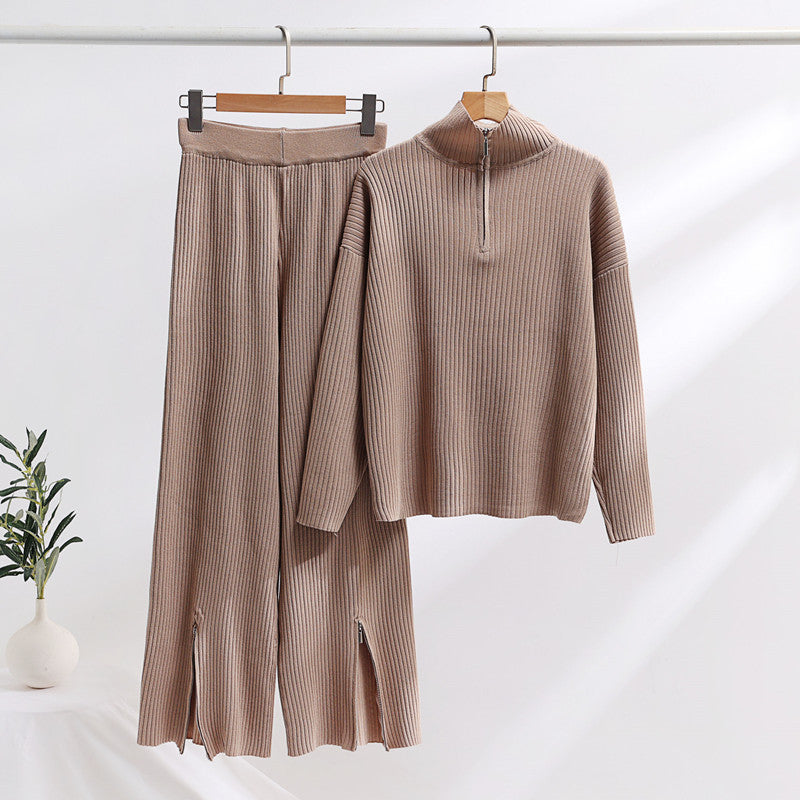 Damen lässiges Strickensemble mit hohem Kragen und seitlichen Schlitzen EB