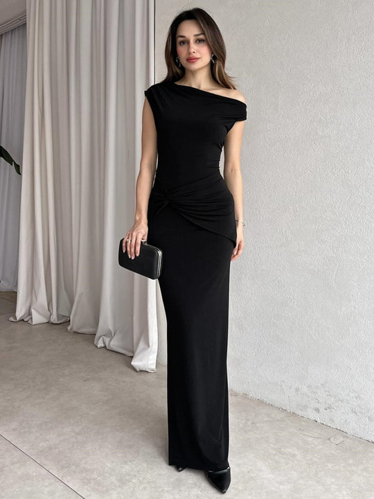 Damen Elegantes Maxikleid mit Off-Shoulder Design und dekorativer Raffung EB