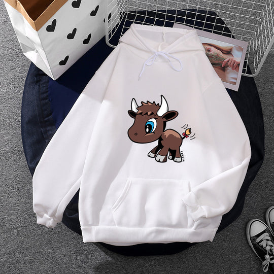 Damen nan Kapuzenpullover mit charmantem Stier-Karikaturprint, Kängurutasche und entspanntem Oversize-Schnitt EB