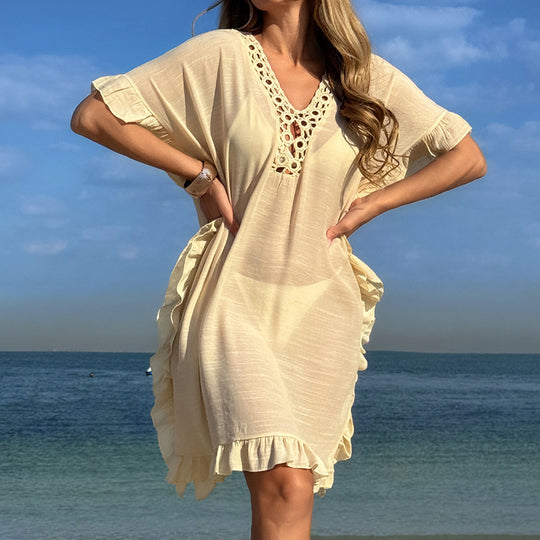 Damen Strandtunika mit elegantem Häkelbesatz und Rüschendetails EB