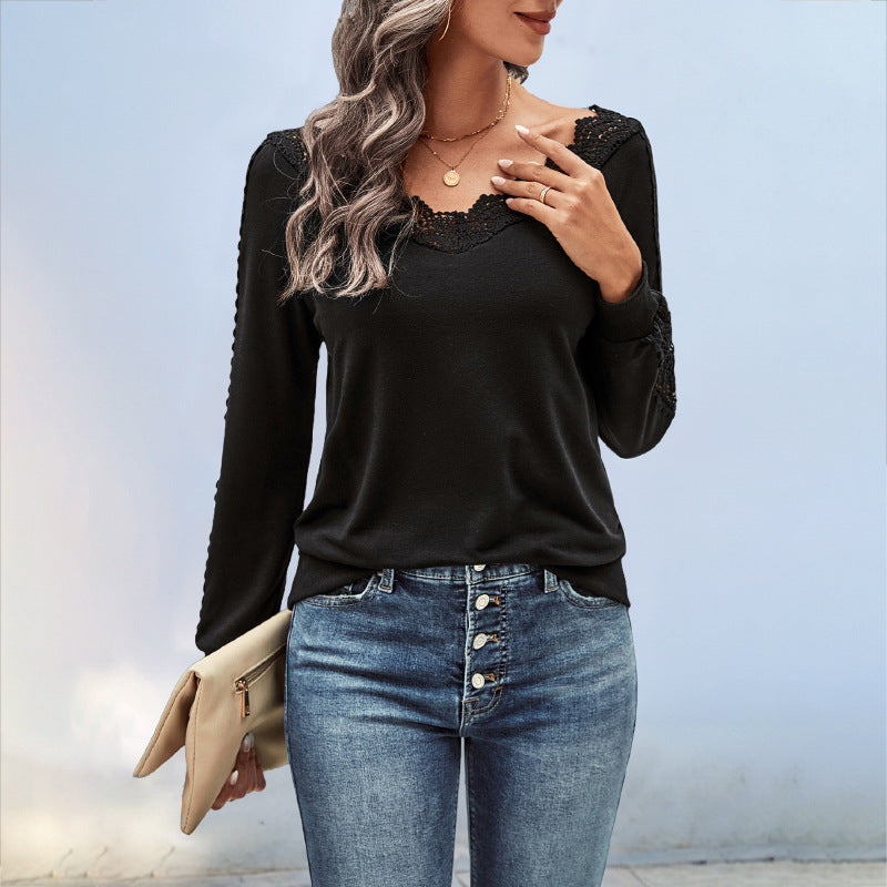 Damen Elegantes Oberteil mit Spitzendetails und Rundhalsausschnitt EB